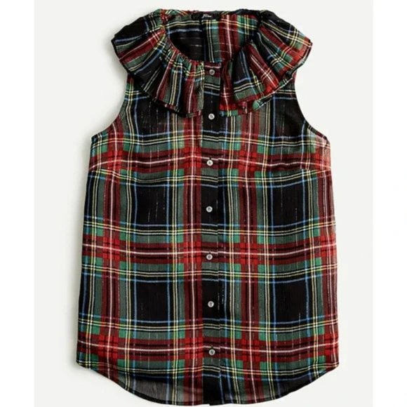 NWT J. Crew Sleeveless Ruffle Collar Black Stewart Tartan Plaid Blouse. SZ S - Picture 5 of 5